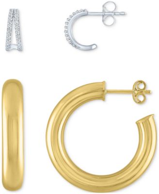 Macy's - 2-Pc. Set Diamond & Polished Small Hoop Earrings in Sterling Silver & 14k Gold-Plate
