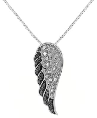 Macy's - Black Diamond (1/10 ct. t.w.) & White Diamond (1/20 ct. t.w.) Angel Wing 18" Pendant Necklace in Sterling Silver