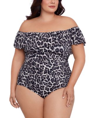 Swim Solutions - Plus Size Cheetah-Print Off-The-Shoulder Swimsuit