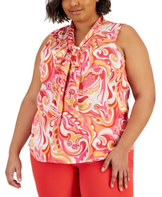 Tahari ASL - Plus Size Printed Sleeveless Bow Blouse