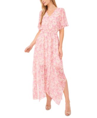 CeCe - Women's Ditsy Floral Smocked-Waist Flutter-Sleeve Maxi Dress