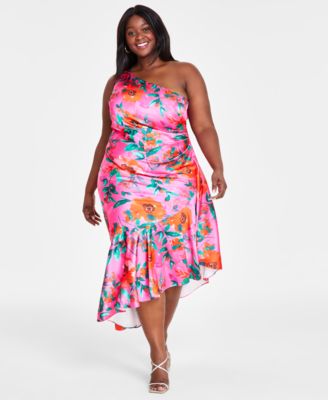 Eliza J - Plus Size Printed Asymmetric-Neck One-Shoulder Dress