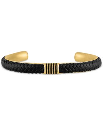 Esquire Men's Jewelry - Woven Leather Cuff Bracelet in Gold-Tone Ion-Plated Stainless Steel
