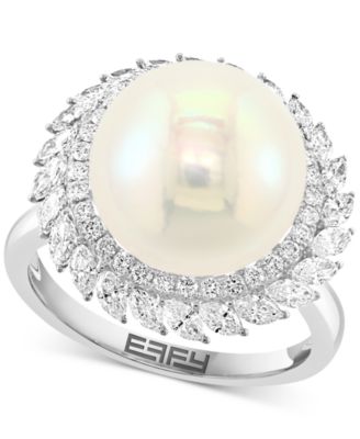 EFFY Collection - Freshwater Pearl (12mm) & Diamond (1 ct. t.w.) Halo Statement Ring in 14k White Gold