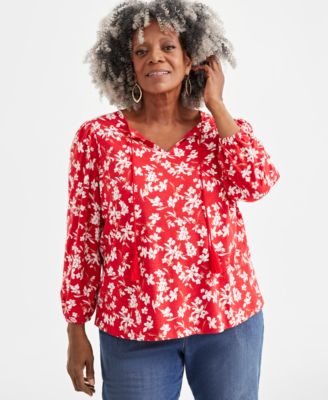 Style & Co - Plus Size Printed Tassel-Tie Long-Sleeve Blouse