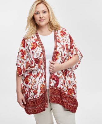 JM Collection - Plus Size Printed Open-Front Kimono Top