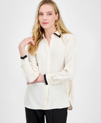Anne Klein - Women's Contrast-Trim Button-Front Blouse