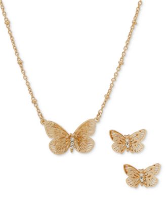 lonna & lilly - Gold-Tone Pav&eacute; 3D Openwork Butterfly Pendant Necklace & Stud Earrings Set