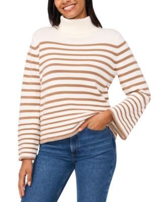CeCe - Women's Striped Bell-Sleeve Turtleneck Sweater