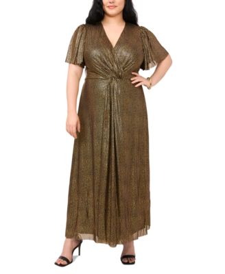 MSK - Plus Size Shimmer-Dot V-Neck Flutter-Sleeve Gown