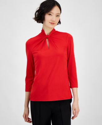 Anne Klein - Women's Solid Twist-Neck 3/4-Sleeve Top