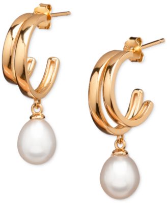 Macy's - Cultured Freshwater Pearl (7 x 9mm) Double Hoop Drop Earrings in 18k Gold over Sterling Silver