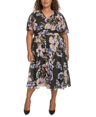 Calvin Klein - Plus Size Floral-Print Flutter-Sleeve Chiffon Dress