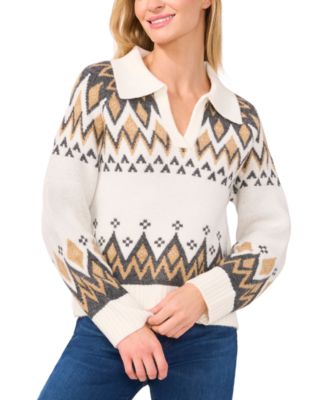 CeCe - Women's Collared Fair Isle Sweater