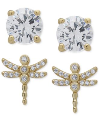 Macy's - 2-Pc. Set Lab Grown White Sapphire Dragonfly & Solitaire Stud Earrings (1-5/8 ct. t.w.) in 14k Gold-Plated Sterling Silver