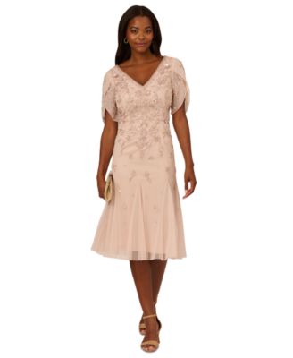 Adrianna Papell - Women's Beaded Mesh Godet Midi Dress