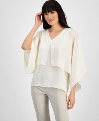 JM Collection - Women's Solid V-Neck Tiered Poncho Top