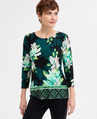 JM Collection - Petite Adriana Azulejos 3/4-Sleeve Jacquard Top