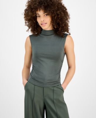 Bar III - Petite Side-Ruched Mock-Neck Sleeveless Top
