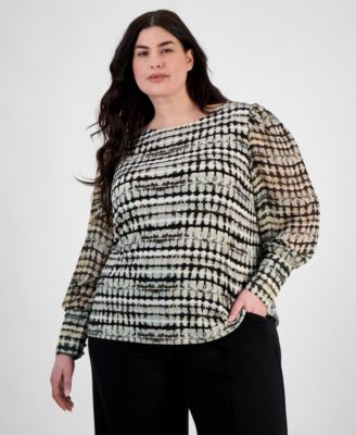 Anne Klein - Plus Size Printed Chiffon Sheer-Sleeve Top