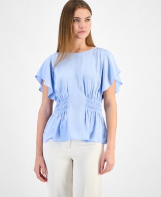 Anne Klein - Petite Smocked-Waist Flutter Sleeve Top