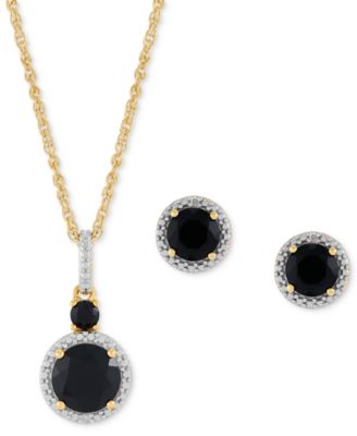 Macy's - 2-Pc. Set Onyx & Diamond Accent Halo Pendant Necklace & Matching Stud Earrings in 14k Gold-Plated Sterling Silver