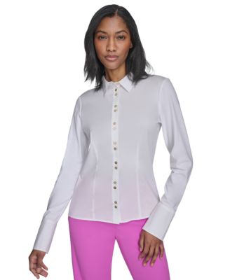 Halston - Women's Mixed-Media Collared Button-Front Blouse