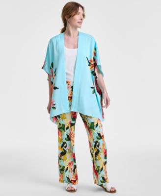 JM Collection - Women's Printed Satin Open-Front Kimono Top