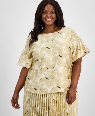 Anne Klein - Plus Size Printed Flutter-Sleeve Blouse