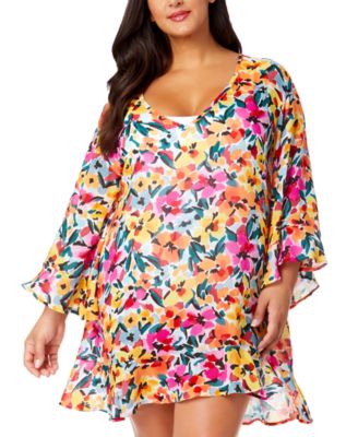Anne Cole - Plus Size Floral-Print Flounce Tunic Swim Cover-Up