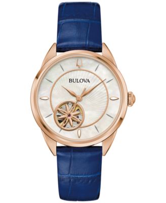 Bulova - Women's Sutton Automatic Navy Blue Leather Strap Watch 34.5mm