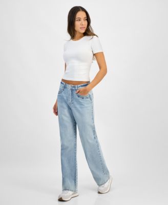 Indigo Rein - Juniors' High-Rise Cotton Embroidered Wide-Leg Jeans