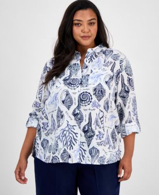 Charter Club - Plus Size Toile Affar Button-Front Linen Shirt