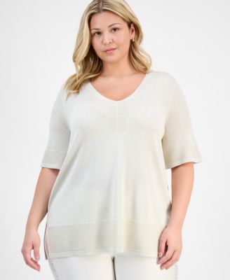 JM Collection - Plus Size Metallic Shine Elbow-Sleeve Top