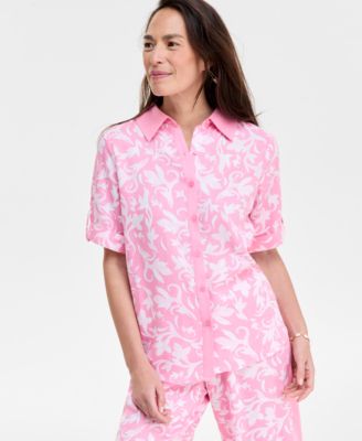 JM Collection - Women's Short-Sleeve Floral Button-Up Shirt