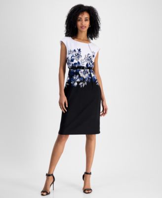 Connected - Petite Jewel-Neck Printed Scuba Sheath Dress