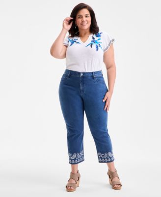 Style & Co - Plus Size Eyelet Embroidered Cropped High Rise Straight Leg Jeans