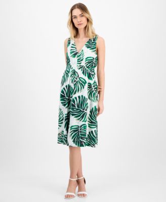 Anne Klein - Women's Printed Cotton Eyelet V-Neck Dress