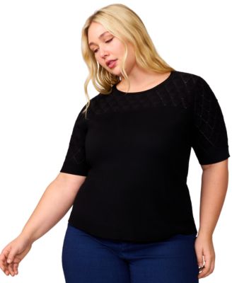 Melissa Paige - Plus Size Solid Yoke-Stitch Elbow-Sleeve Top