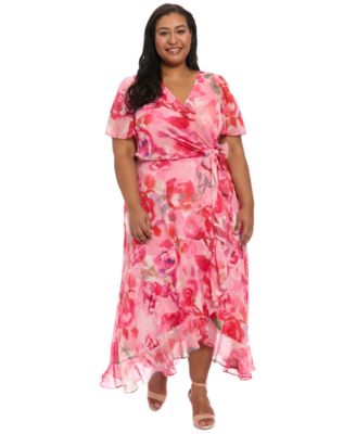 London Times - Plus Size Floral Flutter-Sleeve Ruffle Dress
