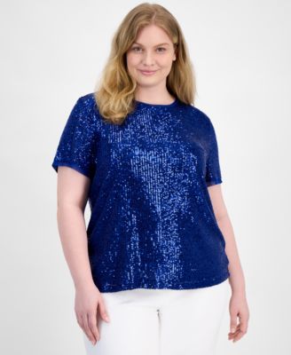 Anne Klein - Plus Size Sequin-Embellished Short-Sleeve Top