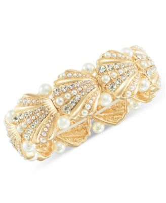 Charter Club - Gold-Tone Crystal & Imitation Pearl Shell Stretch Bracelet