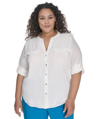 Calvin Klein - Plus Size Split-Neck Button-Front Shirt