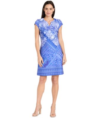 R & M Richards - Petite Printed Split-Neck Cap-Sleeve Dress