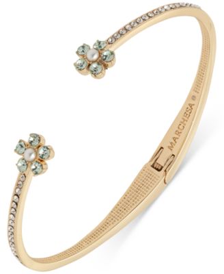 Marchesa - Gold-Tone Blue Floral Stone Hinged Cuff Bracelet