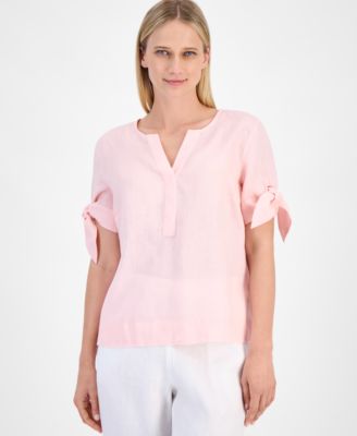 Charter Club - Linen Split-Neck Tie-Cuff Top