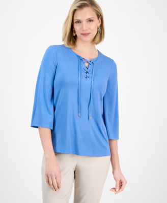 JM Collection - Women's Split-Lace-Up-Neck Blouse