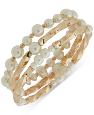 Anne Klein - Gold-Tone 3-Pc. Set Imitation Pearl Twisted Stretch Bracelets