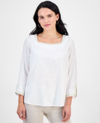 JM Collection - Petite Square-Neck Rope-Trim 3/4-Sleeve Top