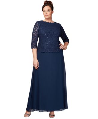 Alex Evenings - Plus Size Three-Quarter-Sleeve Sequined Lace Gown